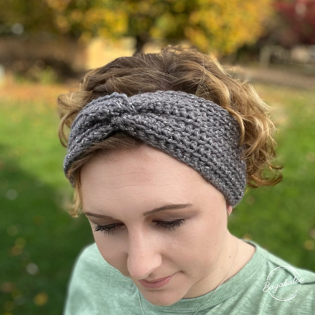 Grey and Silver Sparkle Crochet Knit Winter Twisted Headband Ear Warmer