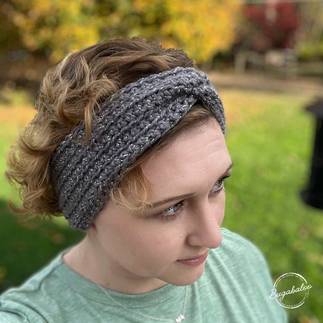 Grey and Silver Sparkle Crochet Knit Winter Twisted Headband Ear Warmer