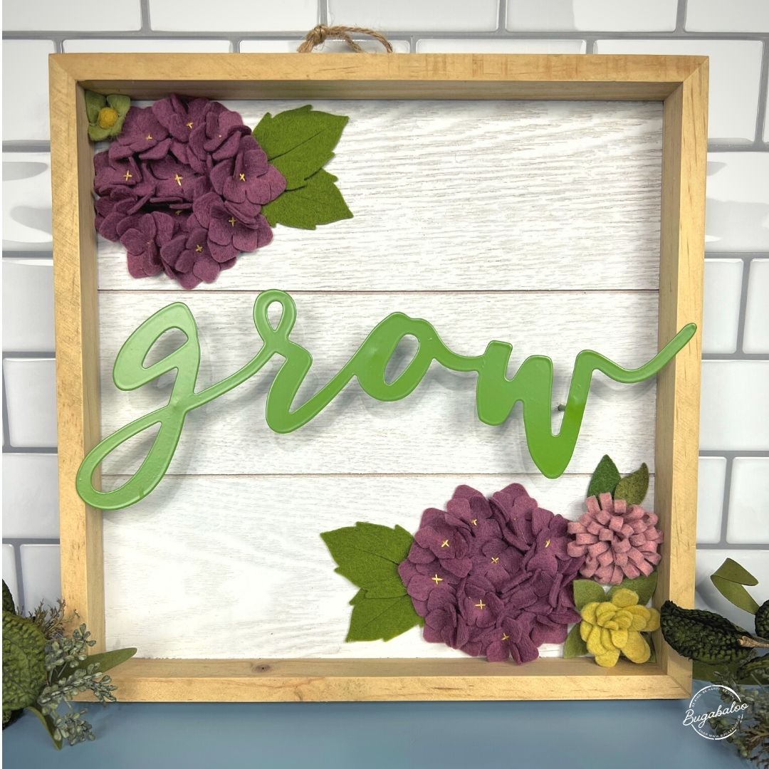 Bugabaloo.co Grow Hydrangea Wall Garden Spring Wall Decor Wood Sign with Wool Felt Flowers