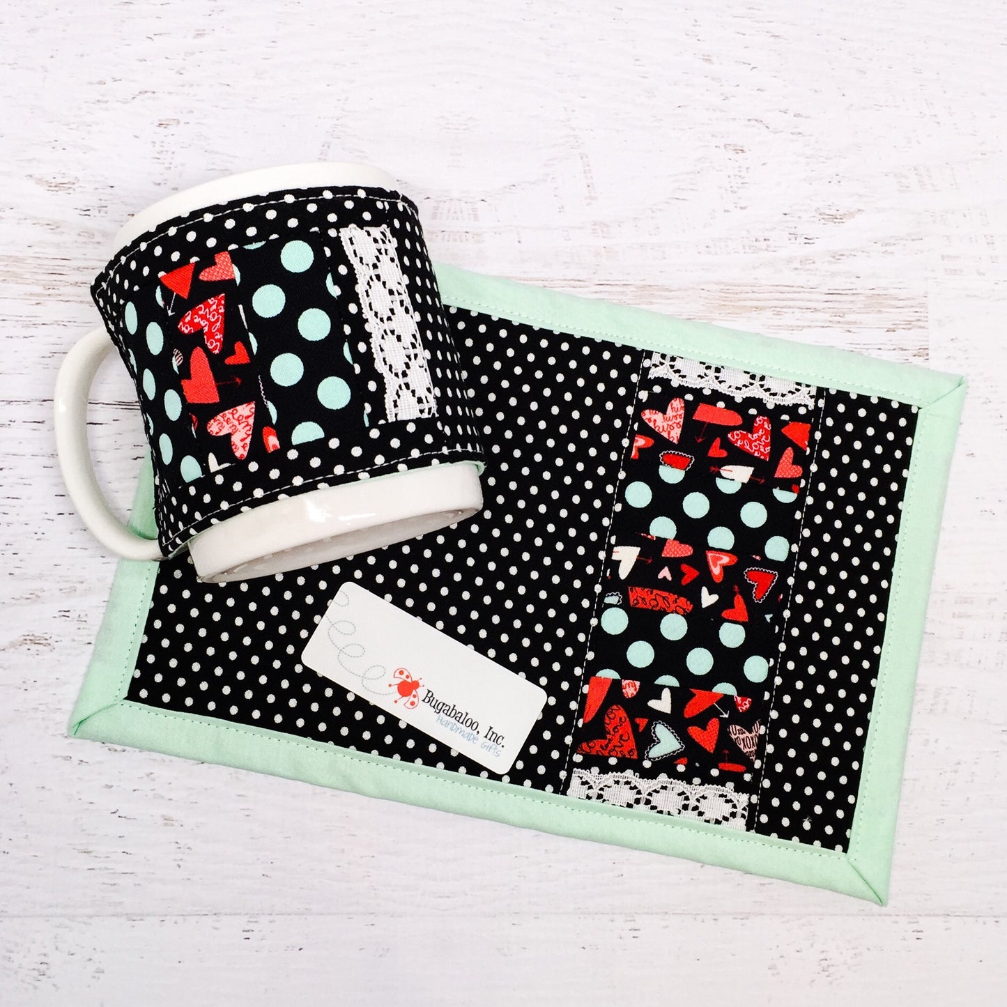 Mug Rug and Mug Cozy Gift Set - Valentine's Day Hearts and Polka Dots