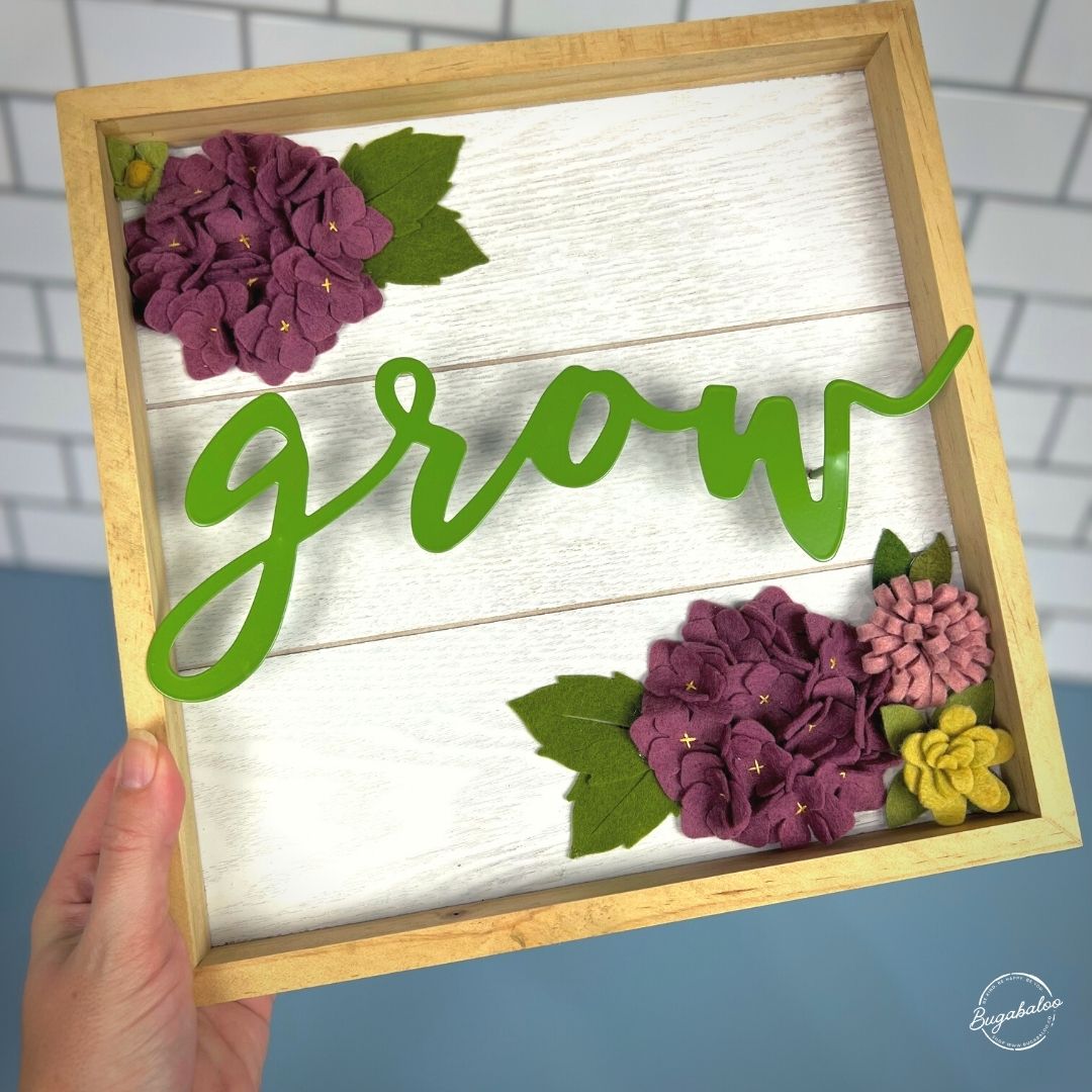 Bugabaloo.co Grow Hydrangea Wall Garden Spring Wall Decor Wood Sign with Wool Felt Flowers
