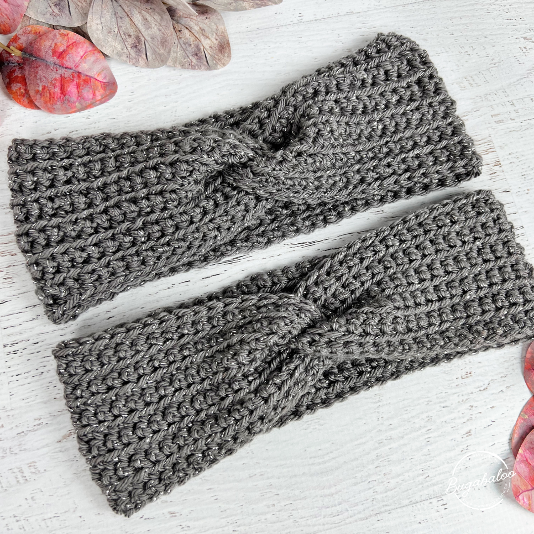 Grey and Silver Sparkle Crochet Knit Winter Twisted Headband Ear Warmer