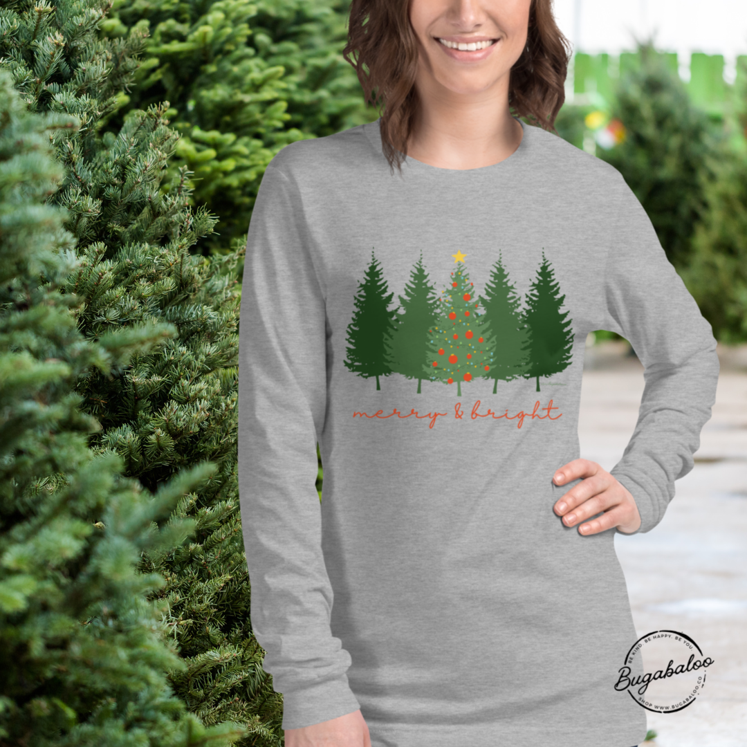 Merry and Bright Christmas Tree Unisex Long Sleeve Tee