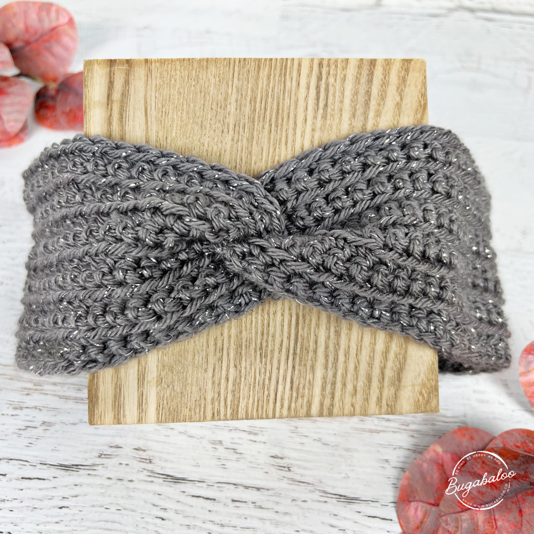 Grey and Silver Sparkle Crochet Knit Winter Twisted Headband Ear Warmer