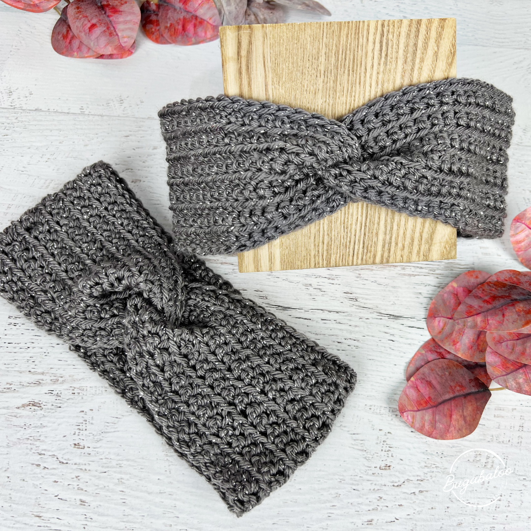 Grey and Silver Sparkle Crochet Knit Winter Twisted Headband Ear Warmer