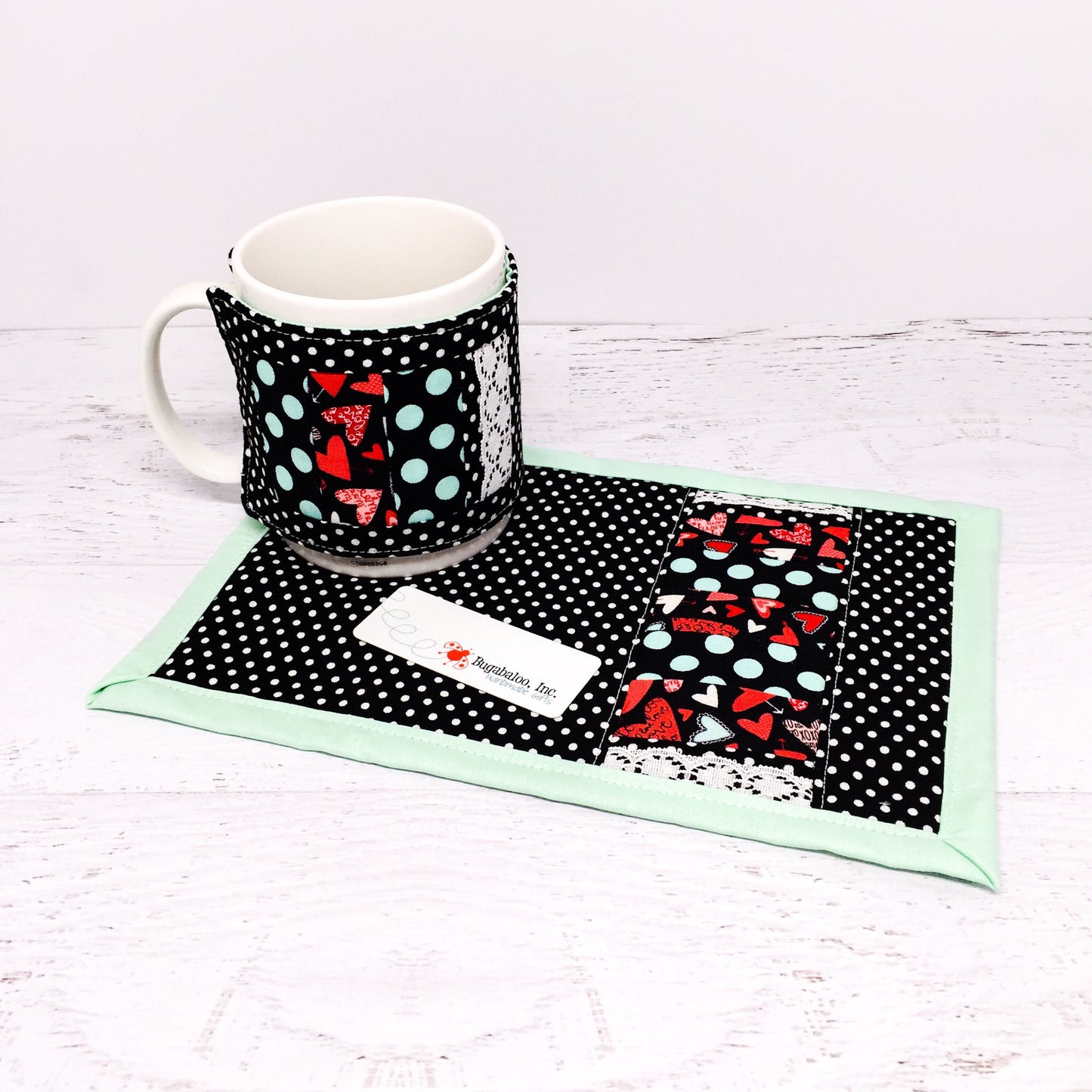 Mug Rug and Mug Cozy Gift Set - Valentine's Day Hearts and Polka Dots