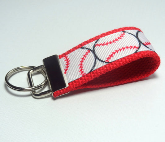 Key Fob (Small): Red and White Baseball or Softball Themed Key Fob Key Chain