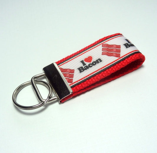 Key Fob (Small): Red, Black and White I Heart Bacon Themed Key Fob Key Chain