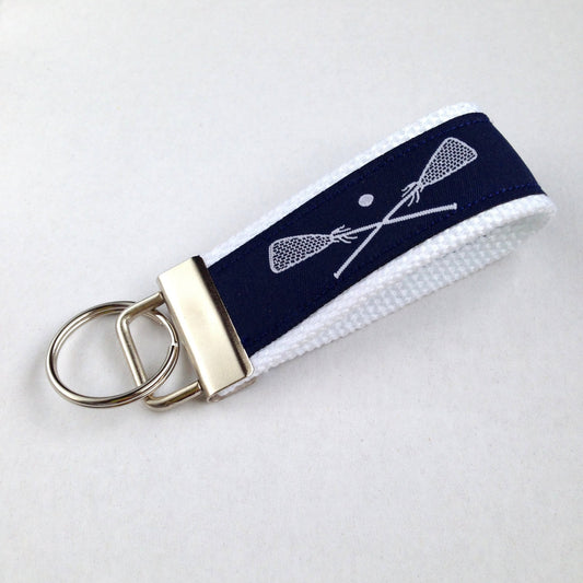 Key Fob (Medium): Navy Blue and White LAX Lacrosse Themed Key Fob Key Chain