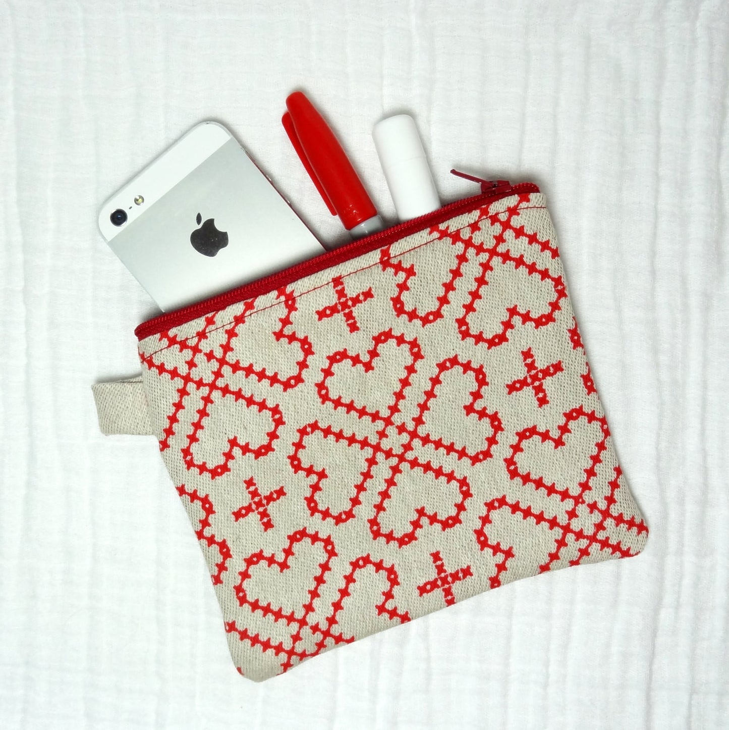 Zippered Pouch - Small Bag - Stitched Hearts